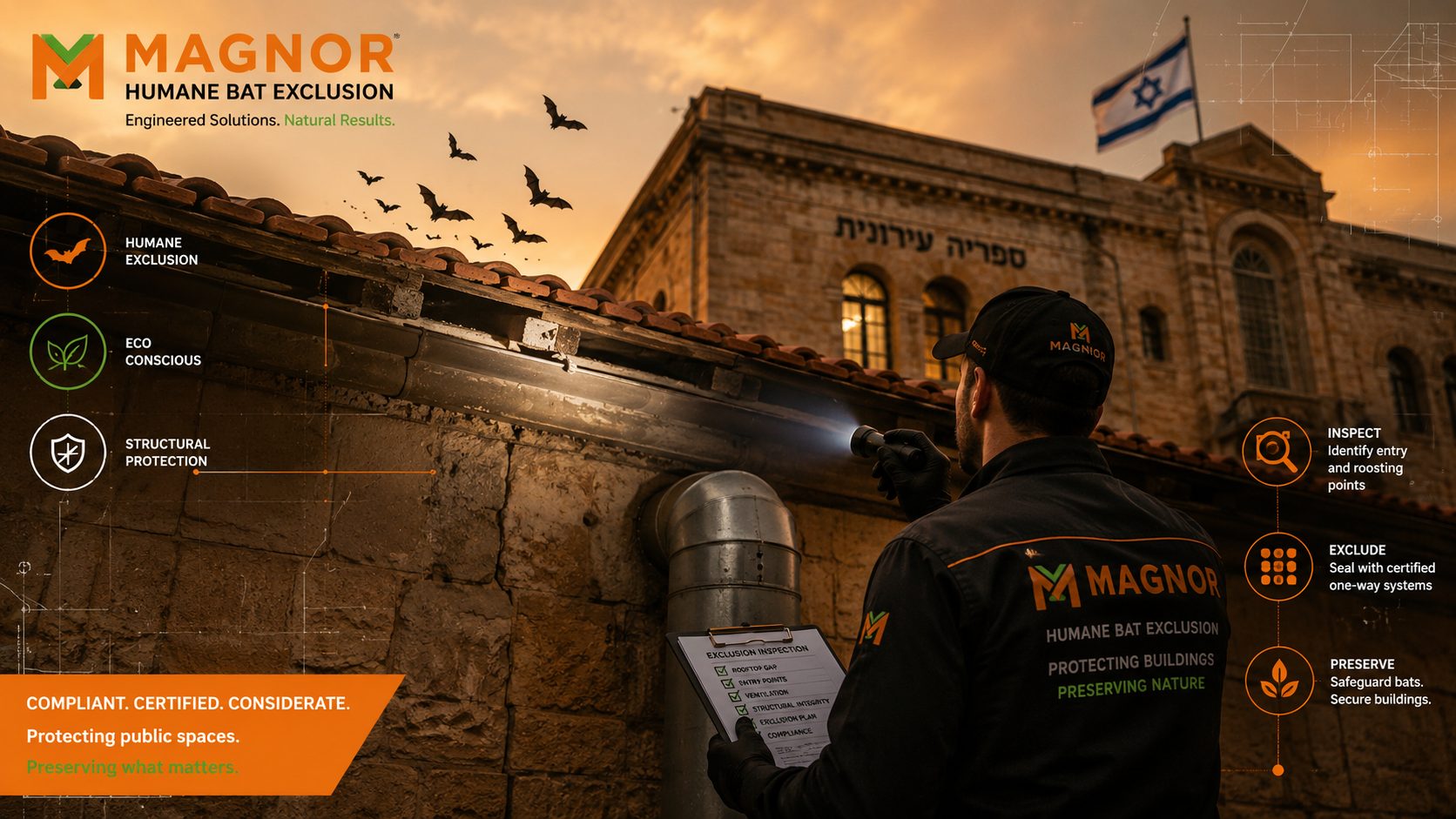 מבנה ציבורי עם אזור גג רגיש לחדירת עטלפים, המחשה להרחקה אלקטרונית מקצועית